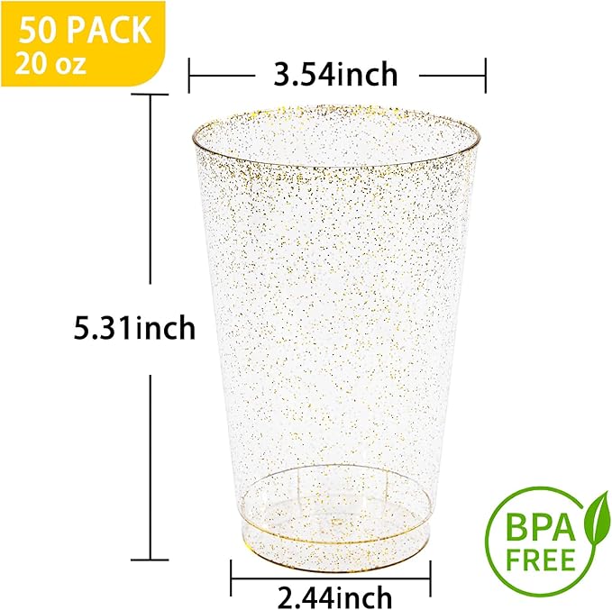 I00000 50 Pack 20 oz Gold Plastic Cups, Gold Glitter Cups Disposable Plastic Wine Glasses Cocktail Glasses Premium Cup, 20 Ounce Glitter Disposable Tumblers for Party & Wedding