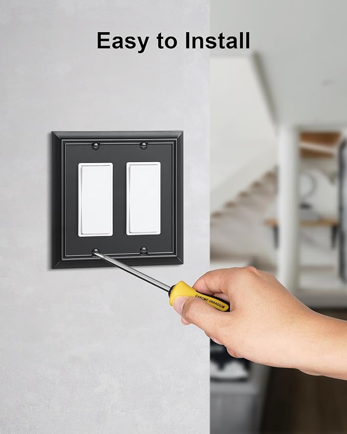 2-Pack Decorative Double Decorator Outlet Cover Plate, Matte Black Durable Natural Bamboo Fiber Wall Plates for Electrical Outlets, Receptacle, GFCI Outlet, Dimmer Switch, 2-Gang, Corrosion Resistant