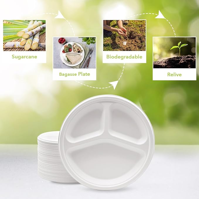 three leaf 10" 3 COMPARTMENT BAGASSE ROUND PLATE, 125 Ct. Heavy-Duty- Super Strong- Natural- Eco-Friendly Disposable Bagasse Plates, 100% Biodegradable 10 inch 3 compartment plates