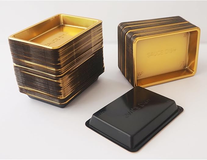 Disposable Small Sushi Tray, Plastic Mini Dipping Bowls, Tiny Serving Rectangle Plates, Soy Sauce Dishes, Seasoning Platter for Parties, BBQ, Home, Restaurant - 100PCS, Gold