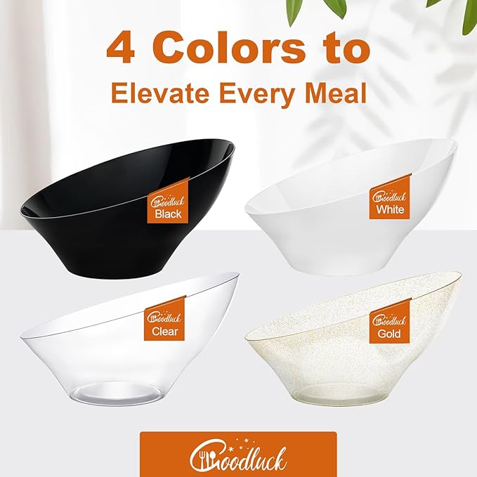 Goodluck 5 Pack Gold Glitter Plastic Serving Bowls for Party - 20 OZ Angled Disposable Serving Bowls for Wedding Party Chip, Candy, Salad & Fruit
