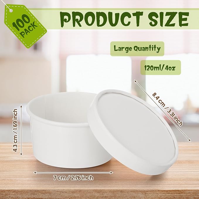 Fulmoon 100 Pack Paper Soup Containers with Lids Disposable Paper Food Containers with Vented Lid Kraft Ice Cream Cake Dessert Cups Soup Bowl for Party Hot Food Fruit Microwave(4 oz,White)