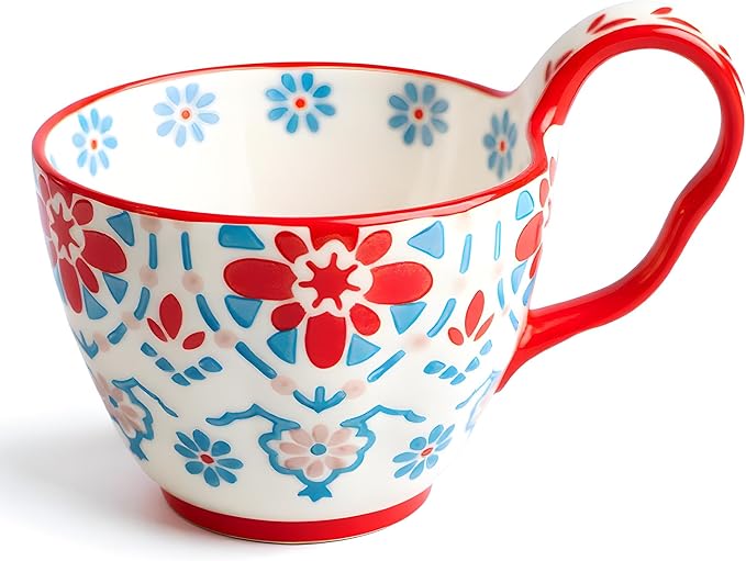 25oz Ceramic Soup Bowl with Handle – Handcrafted Floral Pottery Cereal & Ramen Bowl – Large Microwave & Dishwasher Safe Decorative Bowl for Everyday Use or Gift (Crimson Frost, 20oz)