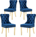 KCC Velvet Dining Chairs Set of 4, Upholstered High-end Tufted Dining Chair with Nailhead Back Ring Pull Trim Stainless Steel Legs, Contemporary Nikki Collection Modern Style for Kitchen, Blue