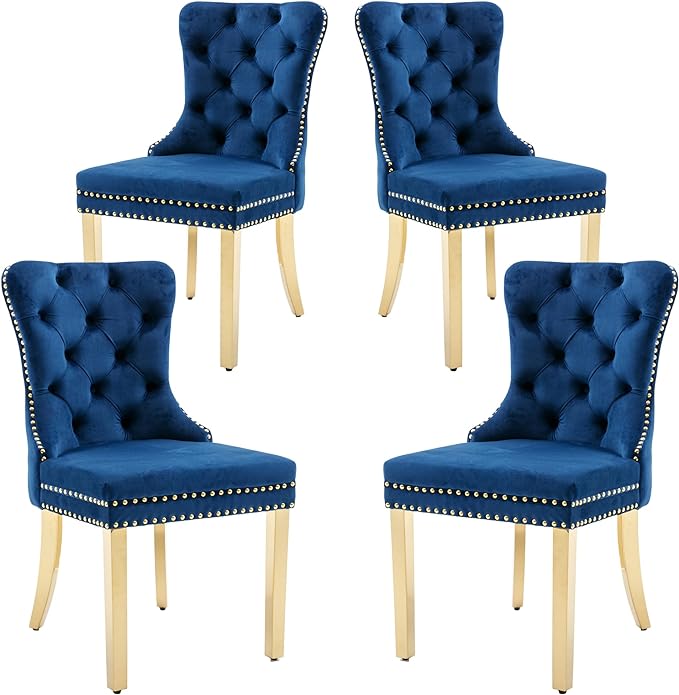 KCC Velvet Dining Chairs Set of 4, Upholstered High-end Tufted Dining Chair with Nailhead Back Ring Pull Trim Stainless Steel Legs, Contemporary Nikki Collection Modern Style for Kitchen, Blue