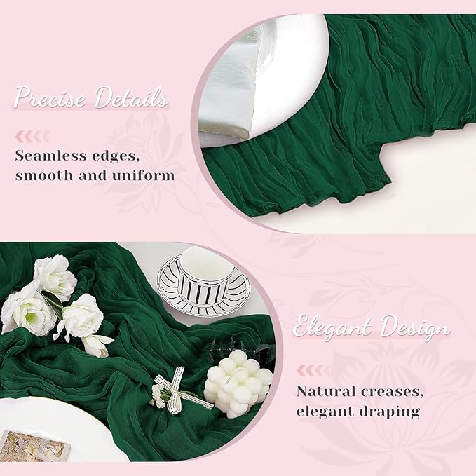 Emerald Green Table Runner, 10 Ft 120 in Cheesecloth Table Runner, Fall Table Runners for Wedding, Party,Bridal Shower, Boho Table Runners for Christmas