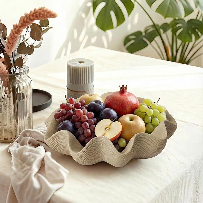 Scalloped Decorative Bowl Home Decor - 12.6" Modern Handicraft Large Shell Ruffle Decorative Fruit Bowl for Kitchen Counter, Chic Key Tray for Entryway Table, Artificial Stone Beige
