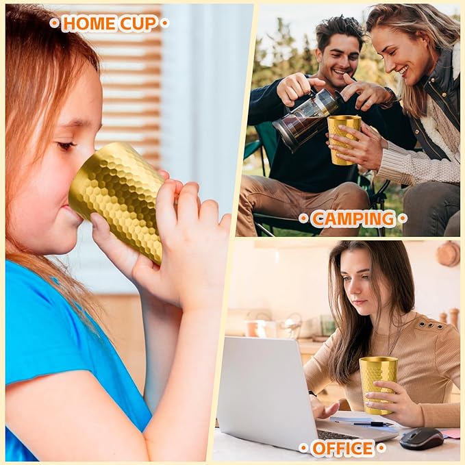 10 Pack 12 oz Stainless Steel Insulated Cup, Honeycomb Double Wall Vacuum Small Metal Cup, Reusable Camping Cups Unbreakable Indoor Outdoor for Party, Home, Office, BBQ, Gold