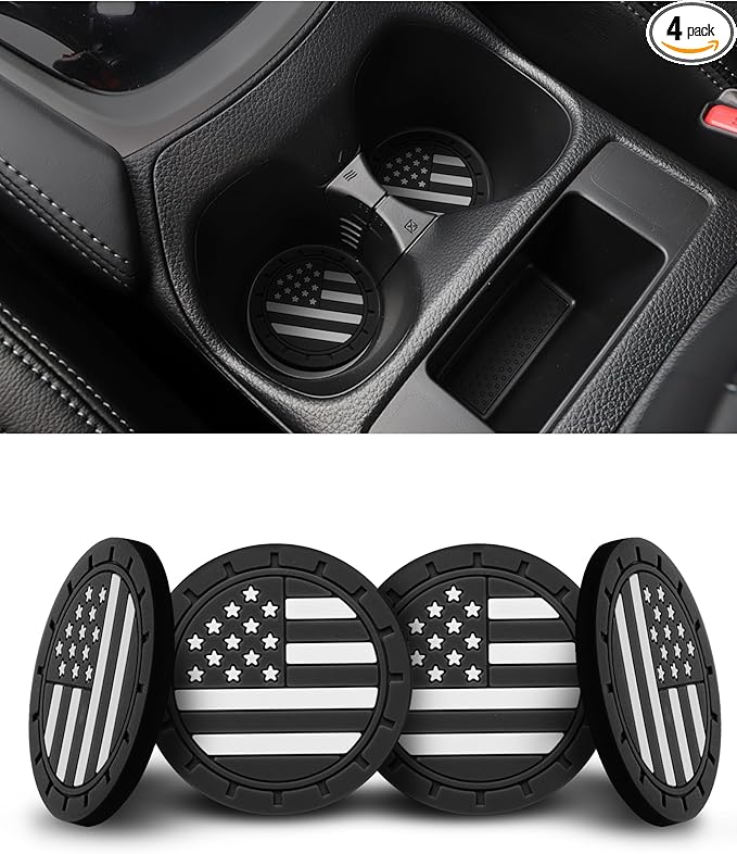 4 Pack Car Cup Coasters, Universal American Flag Non-Slip Silicone Cup Holder Inserts, Car Interior Accessories, Black