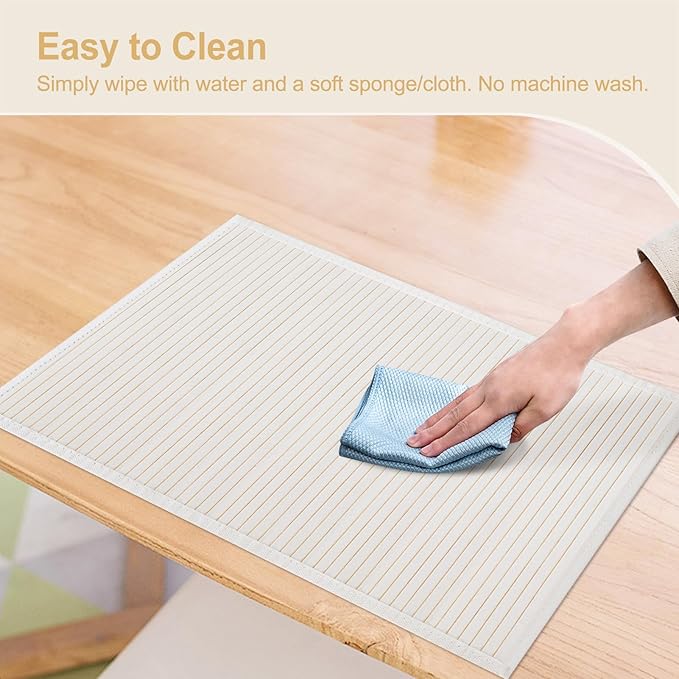 Bamboo Placemats with Fabric Border Set of 8 Natural Bamboo Rectangular Rolling Table Mats for Dining Kitchen Table Heat Resistant Table Protection White