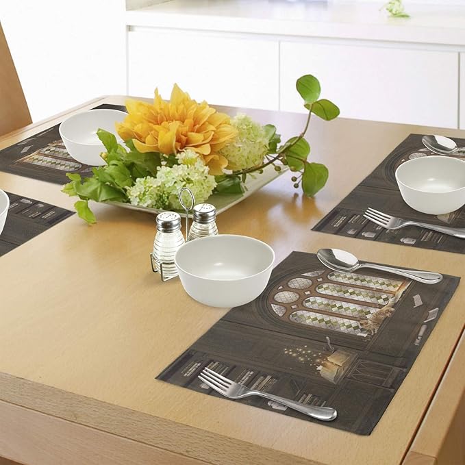 Ambesonne Gothic Place Mats Set of 4, Room for Study in The Medieval Library Cat Sleeping on Window Antique Mansion Print, Washable Fabric Placemats for Dining Table, Standard Size, Taupe