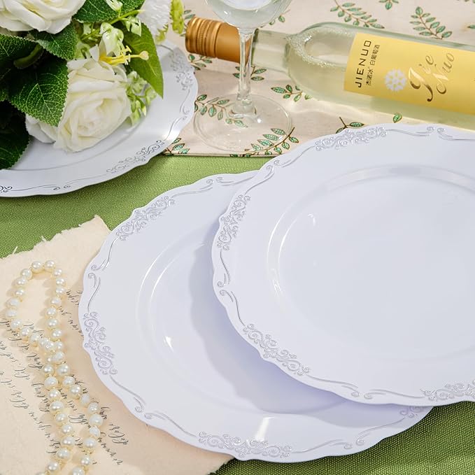 DaYammi 60PCS White and Silver Plastic Plates, Heavy Duty White and Silver Disposable Plates Premium 10inch White Dinner Plates Hard Plastic Plates Disposable for Party Wedding Bridal Shower