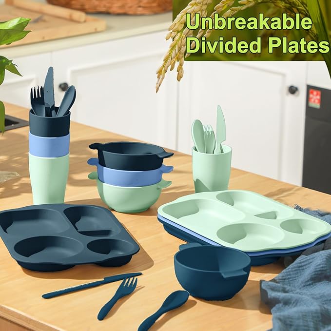 Tanlade 24 Pcs Wheat Straw Dinnerware Cutlery Sets, Divided Plates Unbreakable Bowl Microwave Dishwasher Safe Tableware Cutlery Spoon Knife Fork Cup(Dark Blue, Dark Green, Blue, Green)