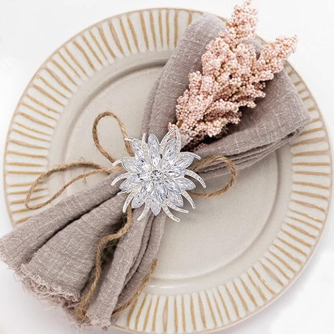 ZeeDix Christmas Flower Napkin Rings Set of 12, Silver Lotus Elegant Rhinestone Napkin Ring Serviette Buckles Holder for Wedding Birthday Christmas Holiday Party Home Kitchen Dinner Table Decoration