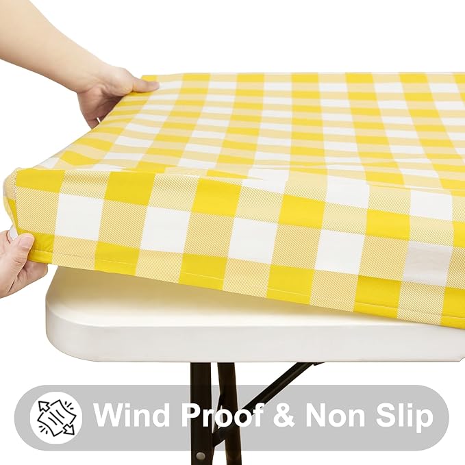Smiry Rectangle Picnic Table Cloth, Elastic Waterproof Fitted Vinyl Tablecloths, Flannel Backed Buffalo Plaid Table Covers for Dining, Camping, Outdoor (White and Yellow, 30" x 72")