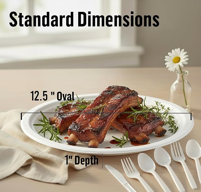 Compostable Heavy Duty Disposable Oval Paper Plates, 75 Count | 12.5 Inch | Natural Bagasse, Biodegradable Eco-Friendly Sugarcane BBQ, Party, Gathering, Picnic White Sugarcane Tray