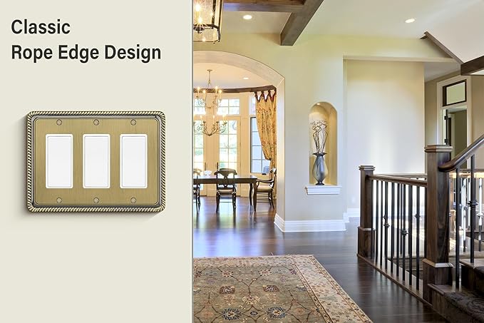 Henne Bery Rope Edge Decorative Wall Plate Switch Plate Outlet Cover (Triple Decorator, Antique Brass)