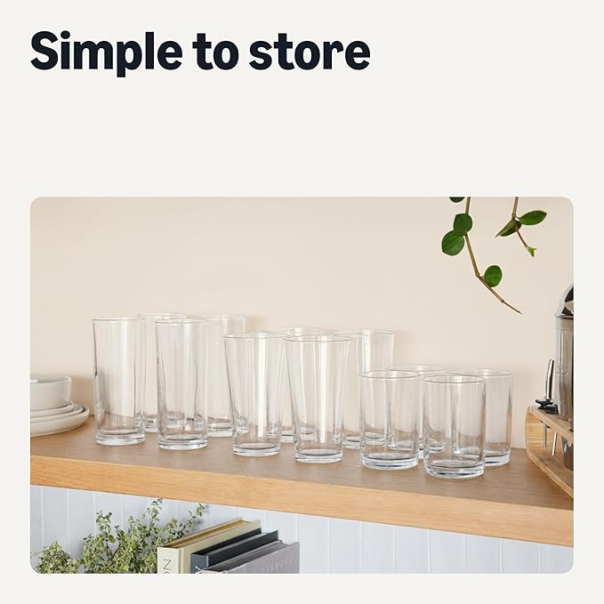 Amazon Basics Drinking Glasses, 4-Piece Set, 15 oz., Dishwasher-Safe
