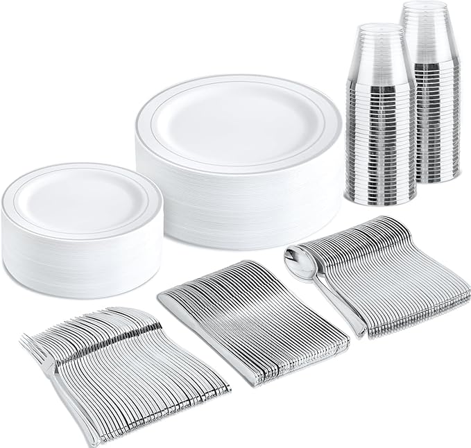 bUCLA 150-Piece Silver Disposable Dinnerware Set - White Plastic Plates with Silver Rim - Include 25 Dinner Plates, 25 Dessert Plates, 25 Forks, 25 Knives, 25 Spoons & 25 Cups for Party & Christmas