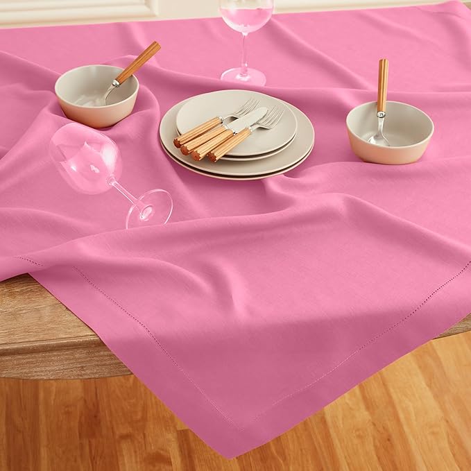 Solino Home Flamingo Pink Linen Tablecloth 60 x 132 Inch - Classic Hemstitch, 100% Pure Linen Rectangular Tablecloth - Machine Washable Table Cloth for Valentines, Spring, Easter