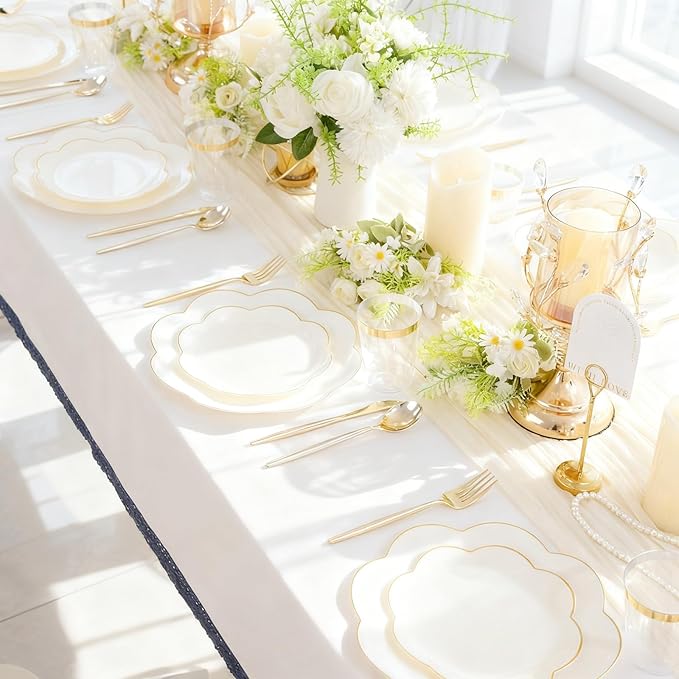 EI 180pcs Beige Plastic Plates with Gold Plastic Silverware,Heavy-Duty Disposable Plates for Party,Beige Dinnerware Set for 30 Guest Wedding,Afternoon Tea,Spring,Mother's Day,Valentine's Day,Easter