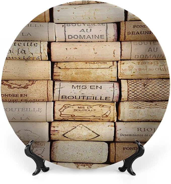 Decorative Plates, Winery Print Ornament, Different Wine Corks Arranged in Line Collections, 7 Inch, Kitchen Wall Decor, Ivory Pale Brown