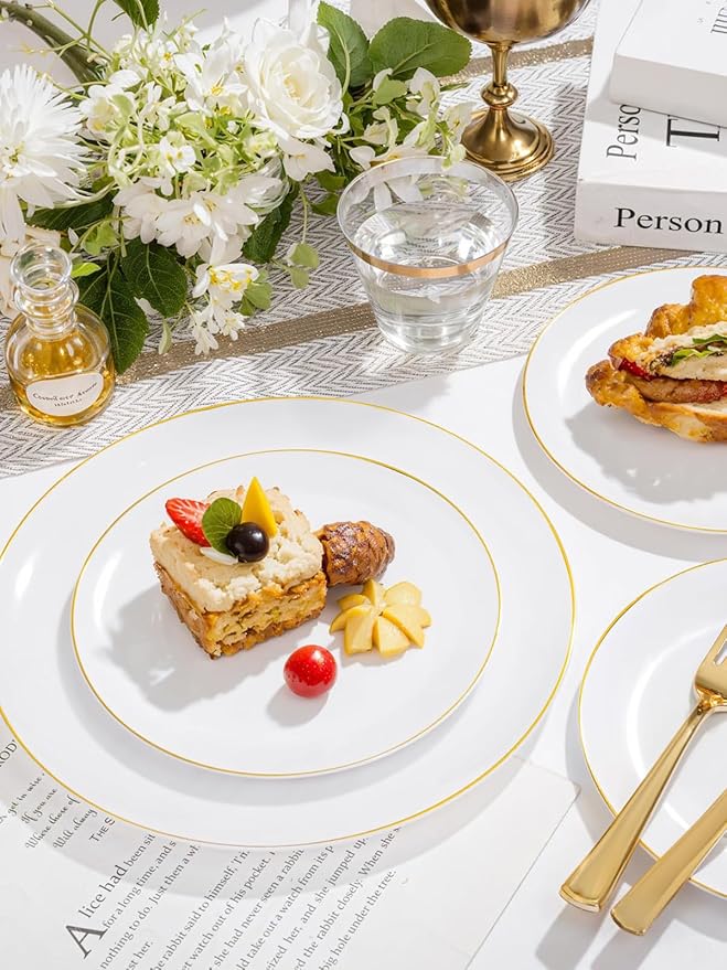 WDF 150Pcs White and Gold Plastic Plates - Gold Plates Disposable - 25guest Disposable Dinnerware Include 25 Dinner Plate, 25 Dessert Plate, 25 Cutlery & 25 9oz Cups for Wedding Party Valentine's Day