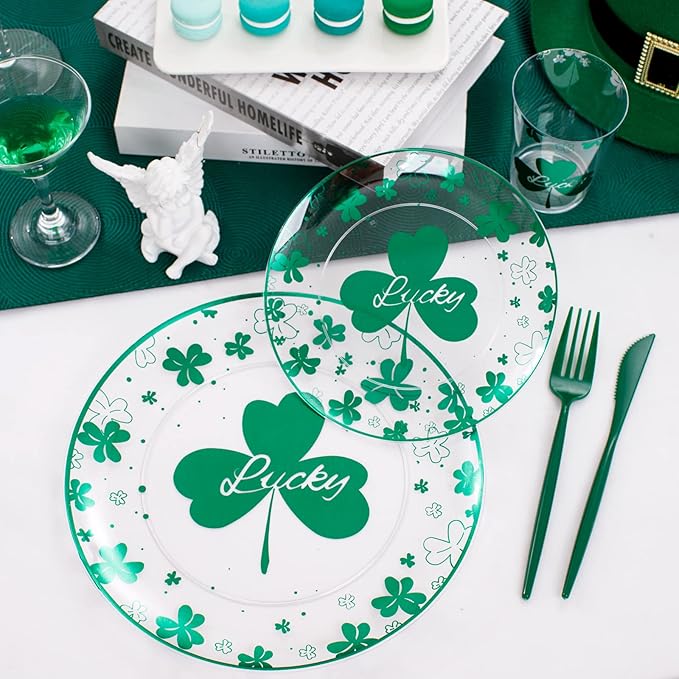 U-QE 60PCS St Patricks Day Plates - Clear and Green Disposable Plates - Premium Hard Green Plastic Plate Including 30 Dinner Plate 10.25'' & 30 Dessert Plate 7.5 '' Perfect for St. Patrick’s Day