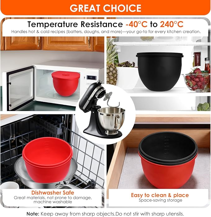 Silicone Mixing Bowl Liners Suitable for 5 Qt Tilt-Head Kitchen mixer, Non-Stick 5-Gallon Mixer Silicone Liner Set - Easy to Clean, Replacement Accessories Baking Cooking, 2 Liners + Lids Included