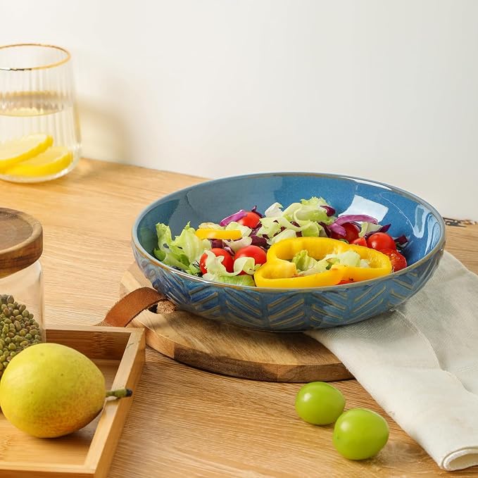 Sureasy Pasta Bowls Set of 4-30oz Large Embossed Serving Bowl Plates, 8.5 Inch Wide and Shallow Plate Bowls, Microwave, Oven & Dishwasher Safe, Blue