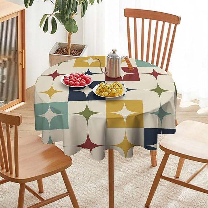 Middle Century Modern Round Tablecloth, Retro Mid Century Geometry Abstract Bohemia Tablecloth for Home Party Dining Room Kitchen Decor 70Inch(178cm)