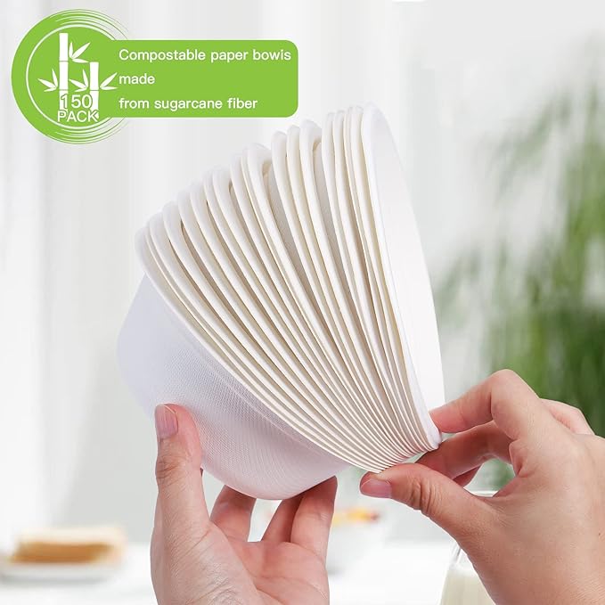 150 PCS Eco-Friendly Sugarcane Bowls - 12 oz Heavy-Duty Disposable Paper Bowls - 100% Compostable and Biodegradable for Hot or Cold Food, Snacks, Salads, Soup