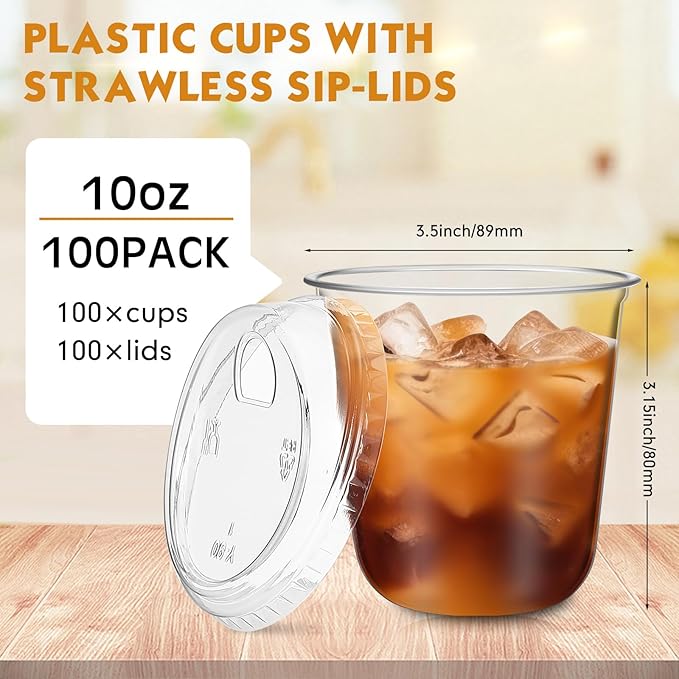 Baderke 100 Pcs Plastic Cups with Sip Lids Round Bottom Disposable Plastic Coffee Cups with Lids Clear Strawless Crystal Mugs for Iced Coffee Smoothie Cold Beverage Party Catering Supplies (10 oz)