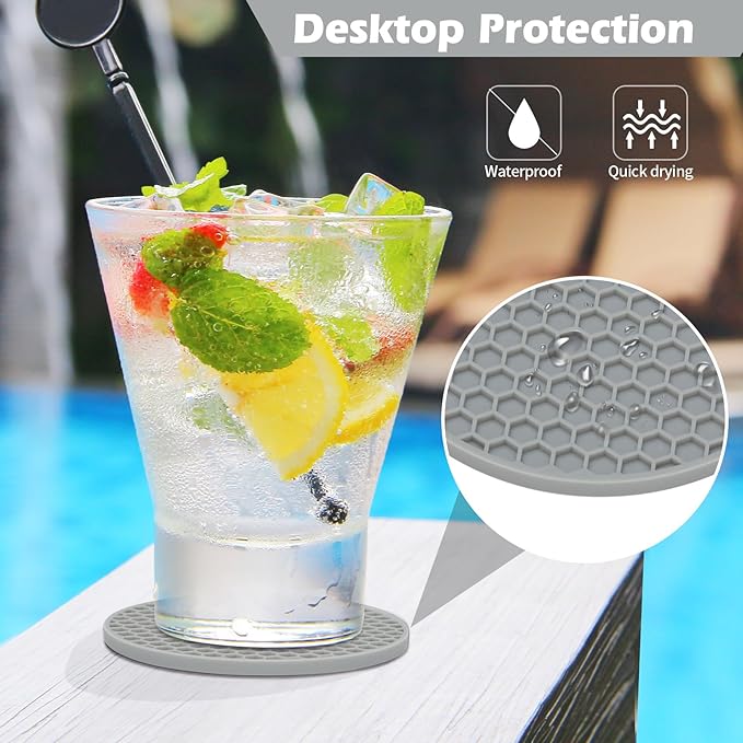 Silicone Coasters Set of 8 with Holder,Coasters for Drinks,Beer,Coffee Coasters,Suitable for Kinds Cups,Hot or Cold,Anti-SLI,Non-Stick,Anti-Overflow Tabletop Protection and Decor (8 Pcs, Gray)