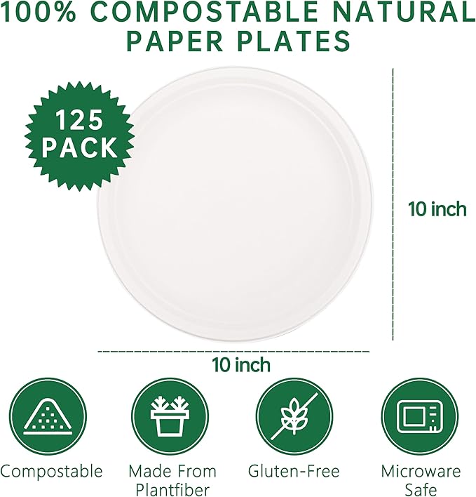 DaYammi 100% Compostable Paper Plates 10 Inch, 125-Pack Heavy Duty Paper Plates Bulk,Biodegradable Bagasse,Eco-Friendly Disposable Dinner Plate for BBQ,Picnic,Party (BPI Certified,Microwaveable)