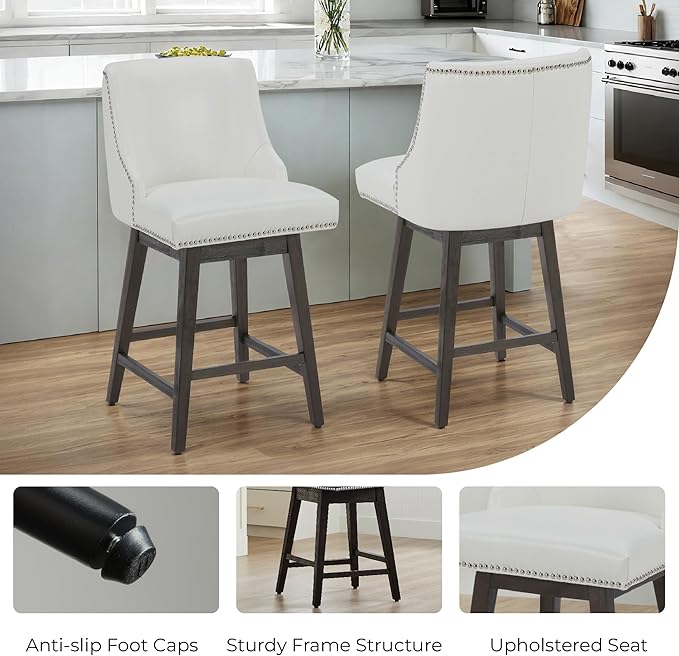 CHITA Counter Height Swivel Bar Stools Set of 2, FSC Certified Upholstered Counter Stools, Modern Swivel Barstools with Wood Legs for Kitchen Island, 26" Seat Height, Faux Leather in White