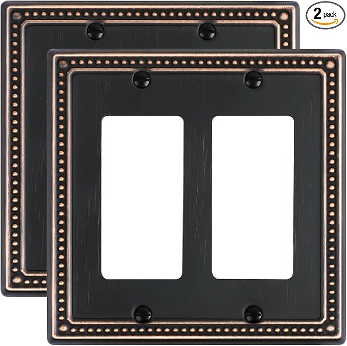 2-Pack Double Decorator Outlet Cover Plate, Pearls Decorative Switch Plates and Outlet Covers, 2 Gang Aged Bronze Metal Wall Plates, Corrosion Resistant