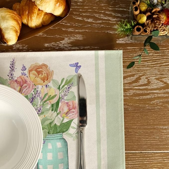 GEEORY Flowers Mason Jar Spring Placemats 12x18 Inch Set of 4 Green Summer Table mats Farmhouse Rustic Holiday Kitchen Dining Decoration for Indoor Outdoor Dinner Party Décor