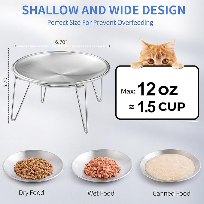 Elevated Cat Bowls, Separable Dishes for Solo Use, 304 Stainless Steel Raised Cats Plates for Wet Food, Extra Wide Shallow Design for Whisker Relief, Non-Slip Silicone Base Kitten Feeder, 2 Set