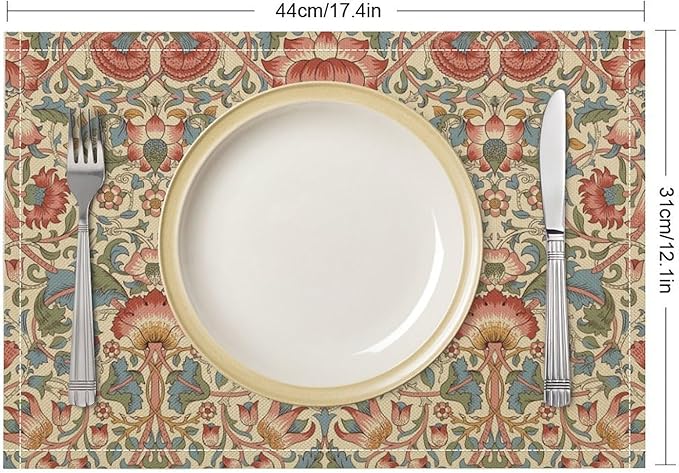 William Morris Placemat Set, Beige Blue Pink Retro Rustic Art Exotic Ethnic Lotus Floral Seamless Pattern Home Decor Linen Table Mats for Dining Room Kitchen Party (17x12in) x4P