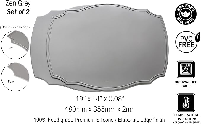 Rommy & Co. Premium Silicone Placemats, Set of 2 (Zen Gray)