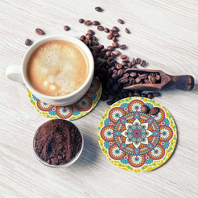 Flower Mandala Round Coaster for Home Coffee Table Chinese Oriental Mystic Yellow Background Asin Ornament Farmhouse Drink Coasters 100% Diatomite 4''X 4''X 0.35'' Printed Pattern