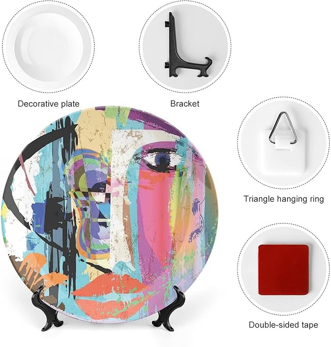 Ceramic Plates, Abstract Decorative Ceramic Plates, Woman Face Art Paint Strokes and Splashes Eye Red Lips Grungy, 10 Inch, Household Plates Decorative, Multicolor