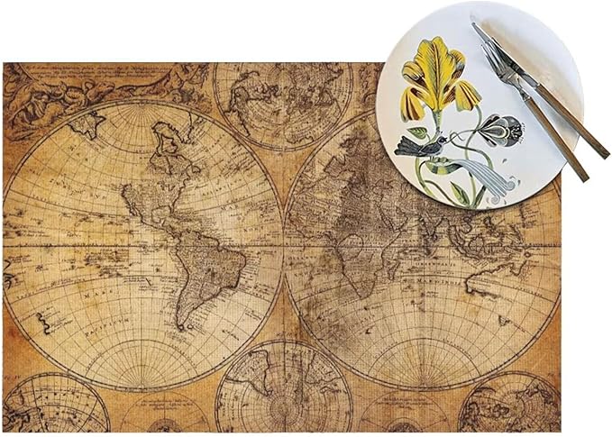 Vintage World Map Placemats Set of 4 Old Paper Retro Style Nostalgic Historical Wipeable Table Mats Reusable Washable PVC Rectangle Place Mats for Kitchen Dining Home Decor 12x18 Inches