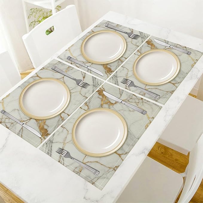 Marble Linen Placemats Set of 4, Modern Abstract Foil Texture White Gold Marble Washable Place Mats, Non Slip Placemat for Home Party Dining Tables Wedding Kitchen Banquets Decor 12x17 Inch