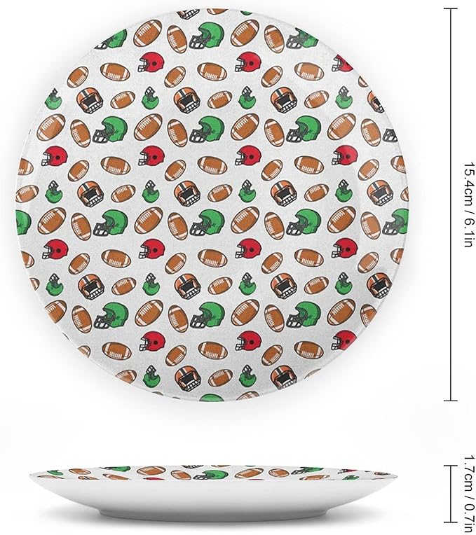 Decorative Plates, American Football Print Ornament, Cartoon Style Rugby Icons Balls American, 7 Inch, 1 Plate with 1 Display Stand, Multicolor