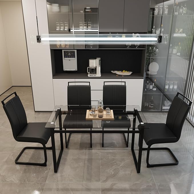 Glass Dining Table Set for 4, Modern Rectangle Dining Table Set for 4, Kitchen Table and Chairs Set for 4 Suitable Living Room,Kitchen,Small Apartment