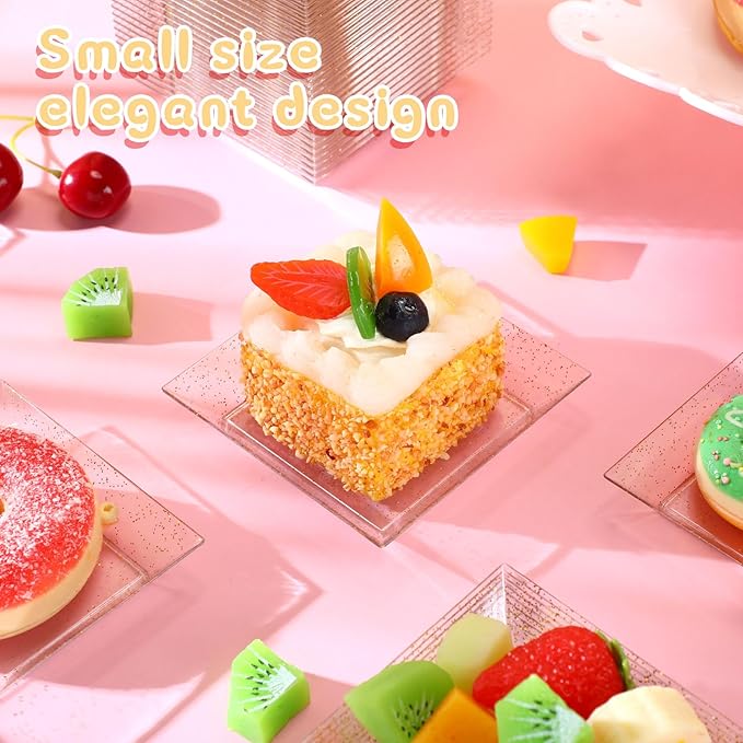 Zhehao 50 Pcs Plastic Dessert Appetizer Plates Disposable, 3.6 x 3.6 Inch Small Square Plastic Dessert Cake Plate for Party, Valentine's Day Wedding Birthday Bridal Baby Shower Supplies (Gold Clear)
