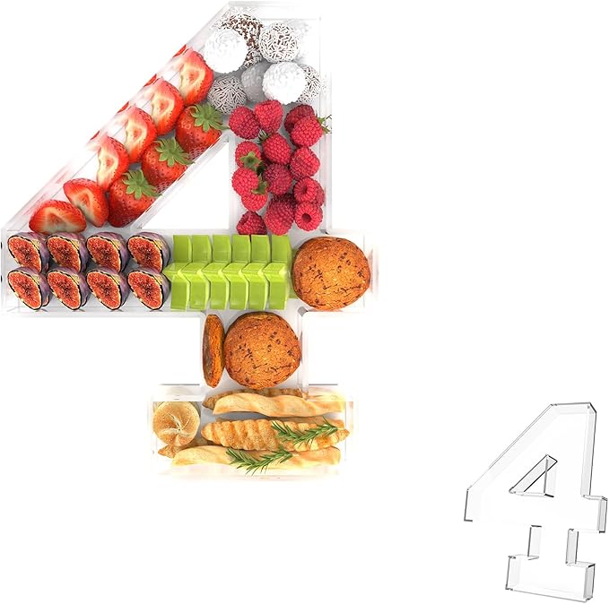 13.8" Acrylic Number Charcuterie Tray, Fillable Number Charcuterie Box for Food, Reusable Serving Cake Candy Dish Display Tray for Birthday Anniversary Party Decoration (Square Number 4)