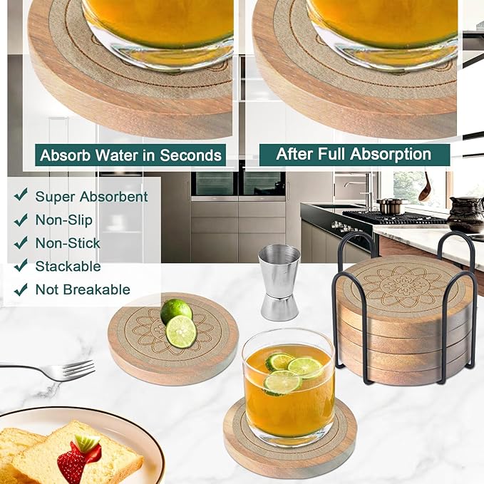 Wood Coasters for Drinks Housewarming Gifts for Home Decoration Absorbent Coasters with Holder for Coffee Tabletop Protection 4.3 Inch Beige